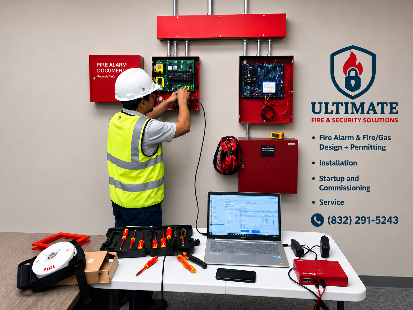 Technician servicing fire alarm and life-safety equipment